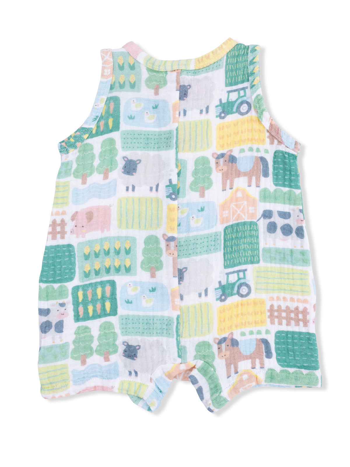 Toddler sleeveless romper with a colorful farm-themed pattern featuring animals and crops.