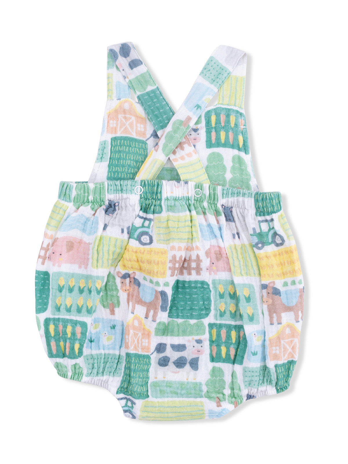 Colorful baby bib with farm-themed patterns, including animals, crops, and barns. Ideal for little ones.