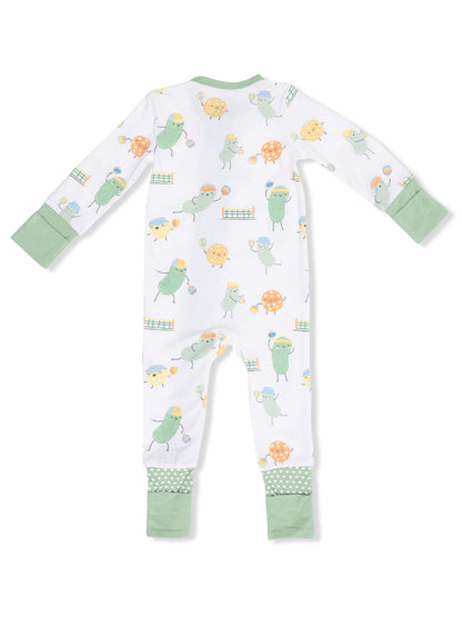 Back view of a child's onesie featuring playful cartoon vegetables and polka dot trim. Ideal for playful sleepwear.