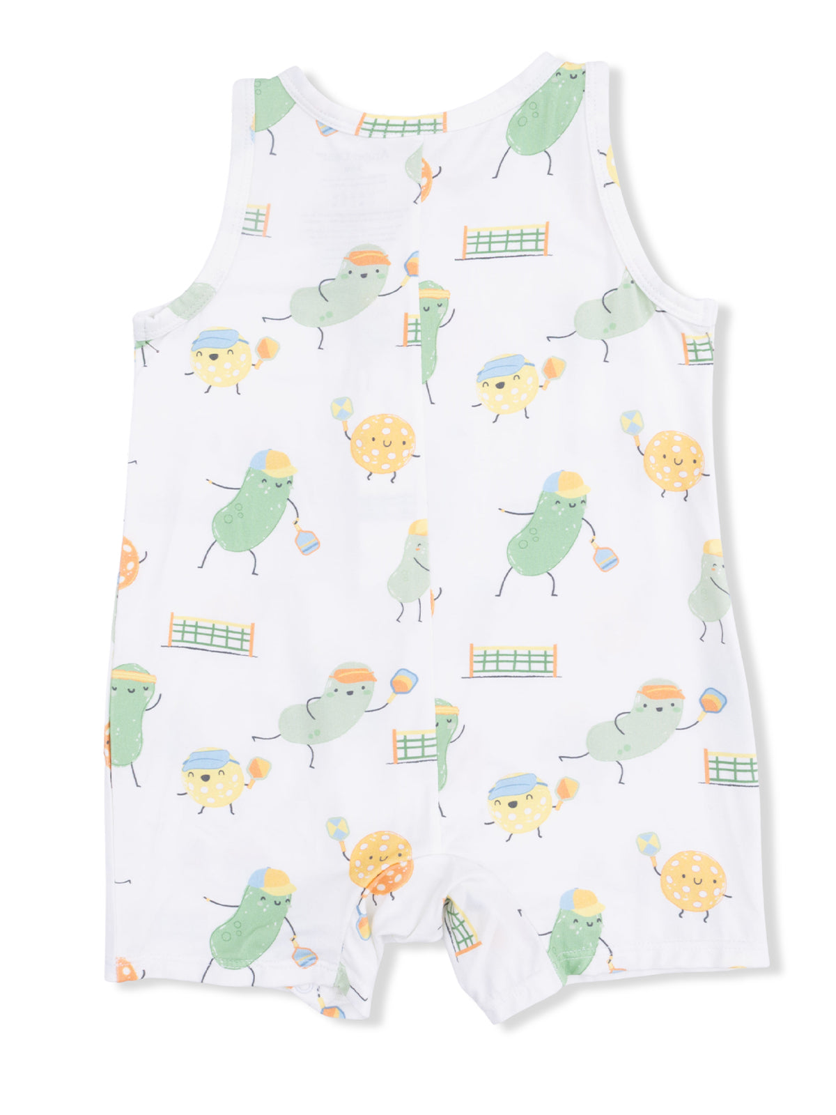 White romper with playful cartoon vegetables engaging in sports activities. Ideal for toddlers' casual wear.