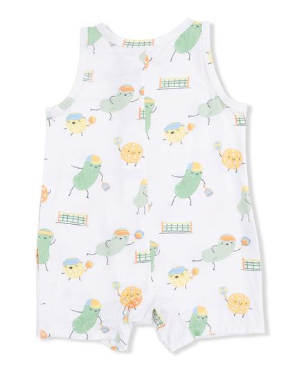 White romper with playful cartoon vegetables engaging in sports activities. Ideal for toddlers' casual wear.