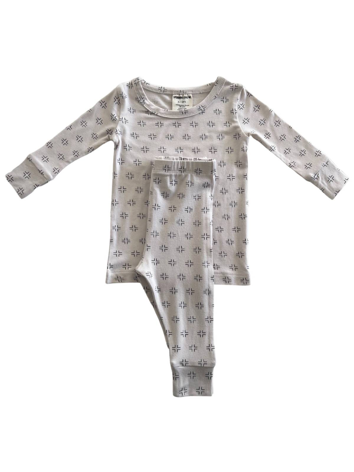 Gray patterned children's pajama set with long sleeves and pants on a white background.