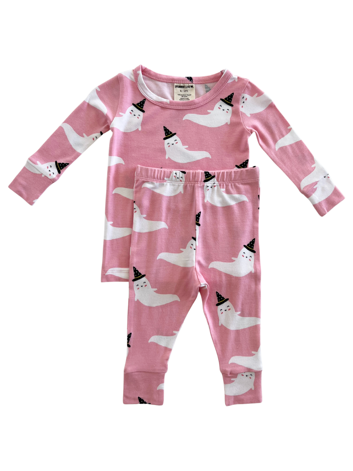 Pink ghost-patterned pajama set with long sleeves and matching pants, featuring cheerful ghosts in party hats.