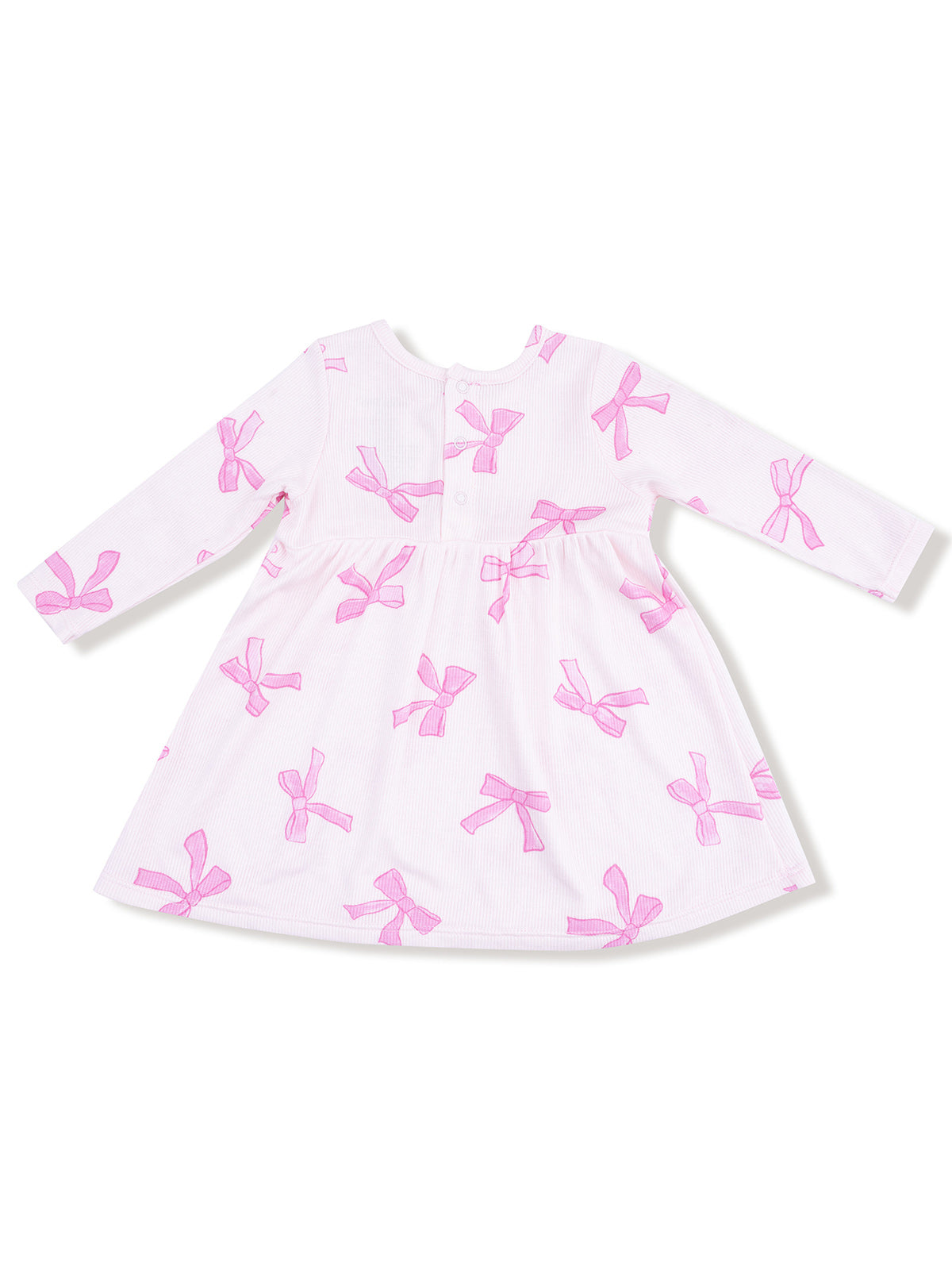 White dress with pink bow patterns and long sleeves, featuring a back button closure.