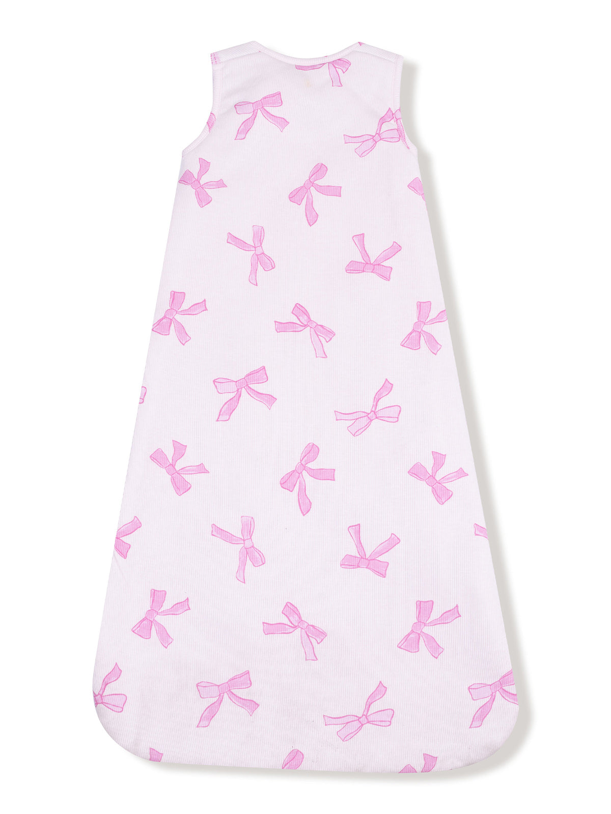 Sleeveless baby sleep sack with a white background and pink bow patterns.