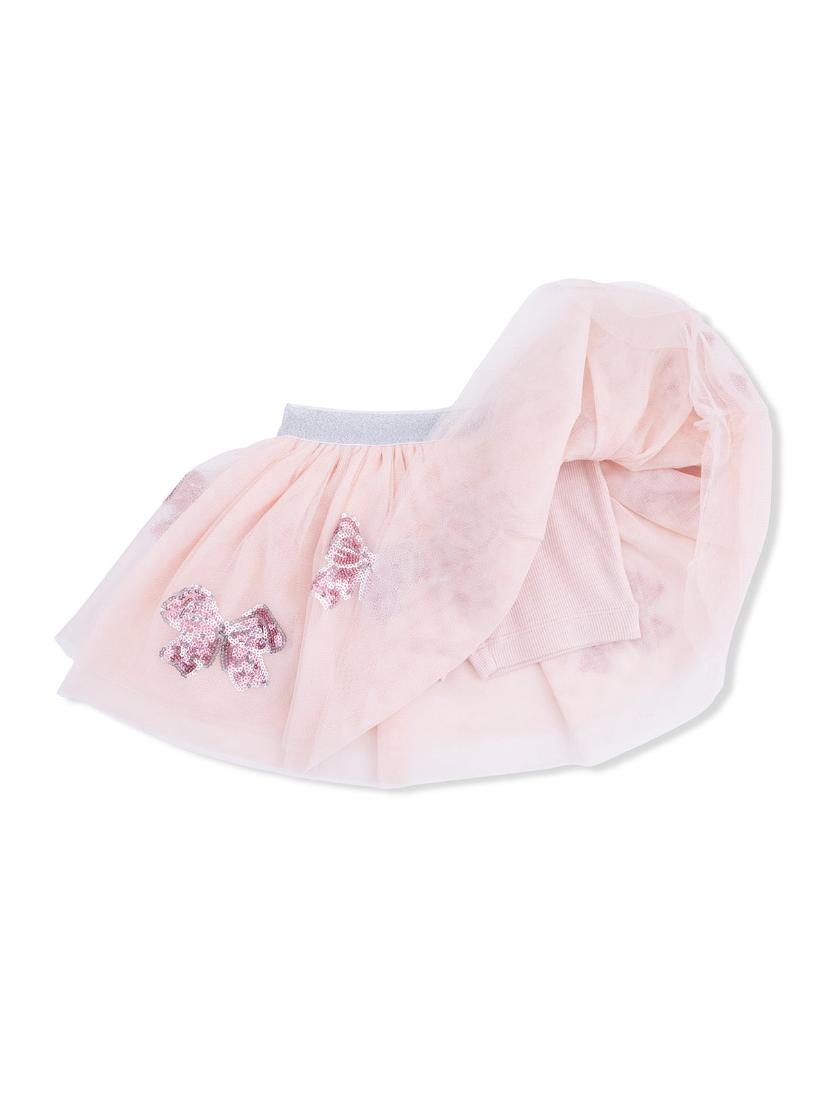 Light pink tulle skirt with sparkly bows and a soft elastic waistband.