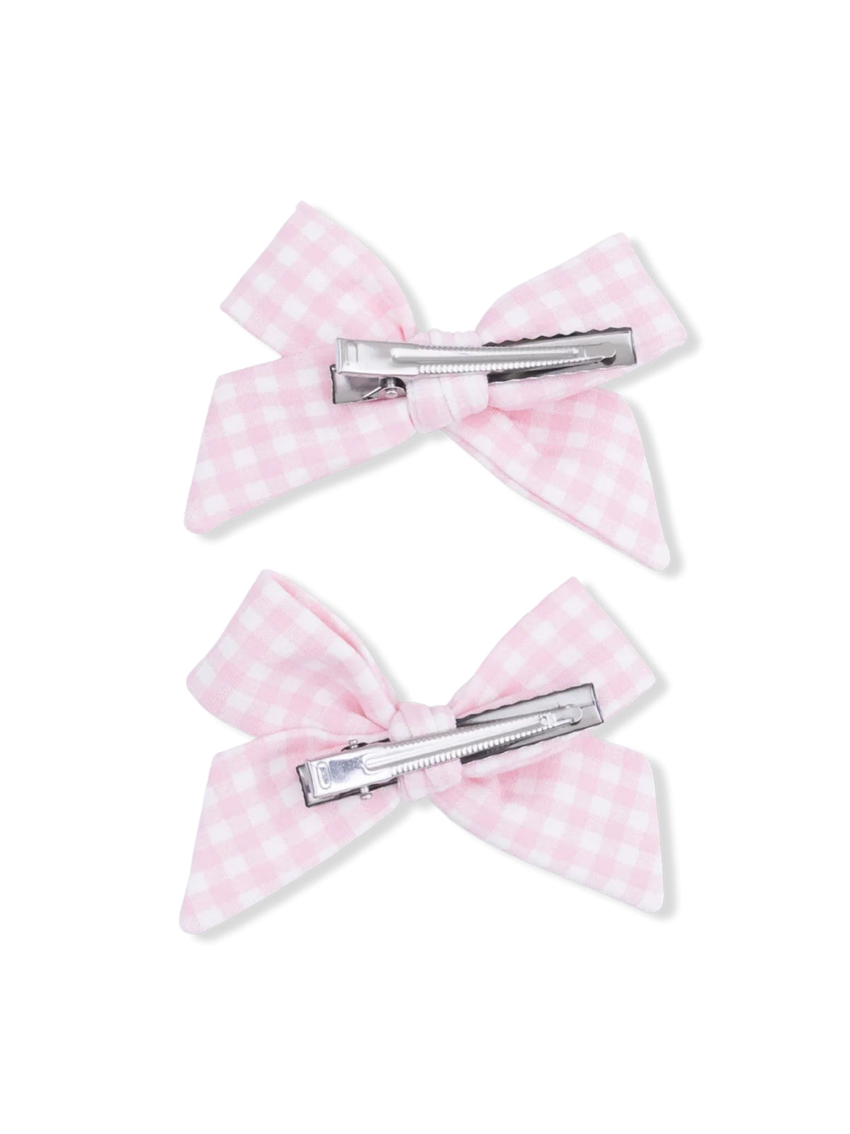 Two pink gingham hair bows with silver alligator clips.