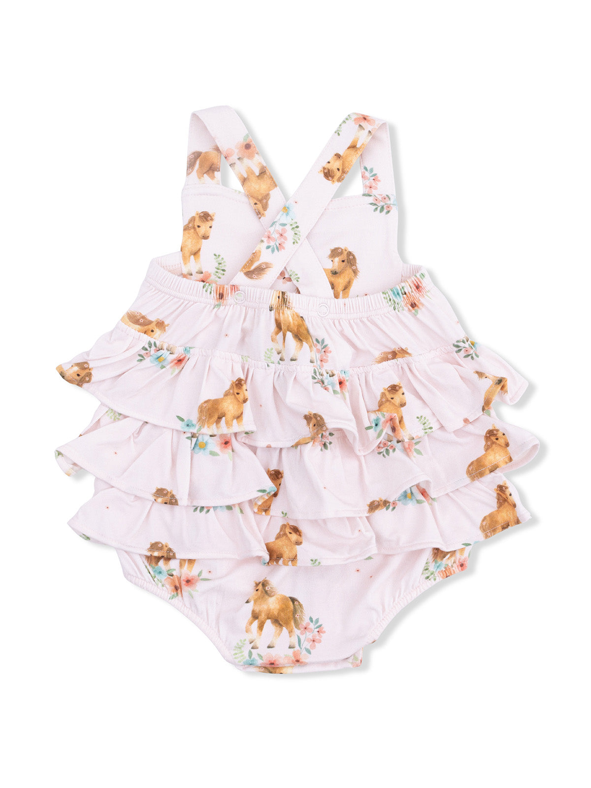 Pink ruffled baby swimsuit with animal prints and floral accents, featuring cross-back straps.