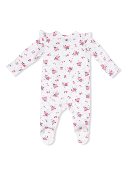 White baby onesie with pink flower print and ruffle sleeves, featuring footed design for comfort.