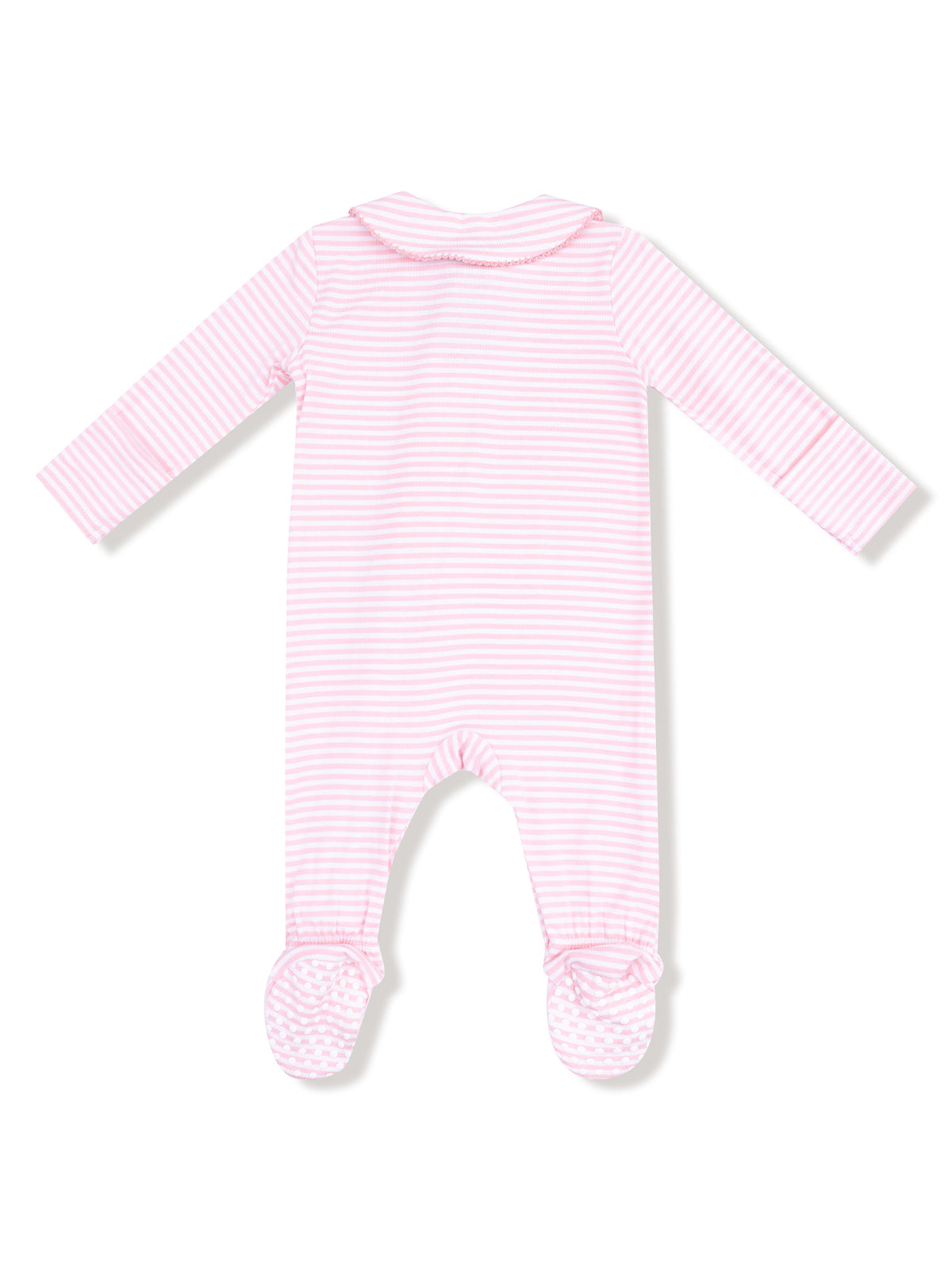 Pink and white striped baby onesie with long sleeves and footed design, featuring a round collar.