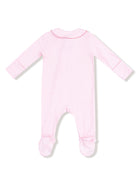 Pink and white striped baby onesie with long sleeves and footed design, featuring a round collar.
