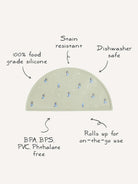 Silicone mat with illustrations, features include stain resistance, dishwasher safe, and BPA-free.