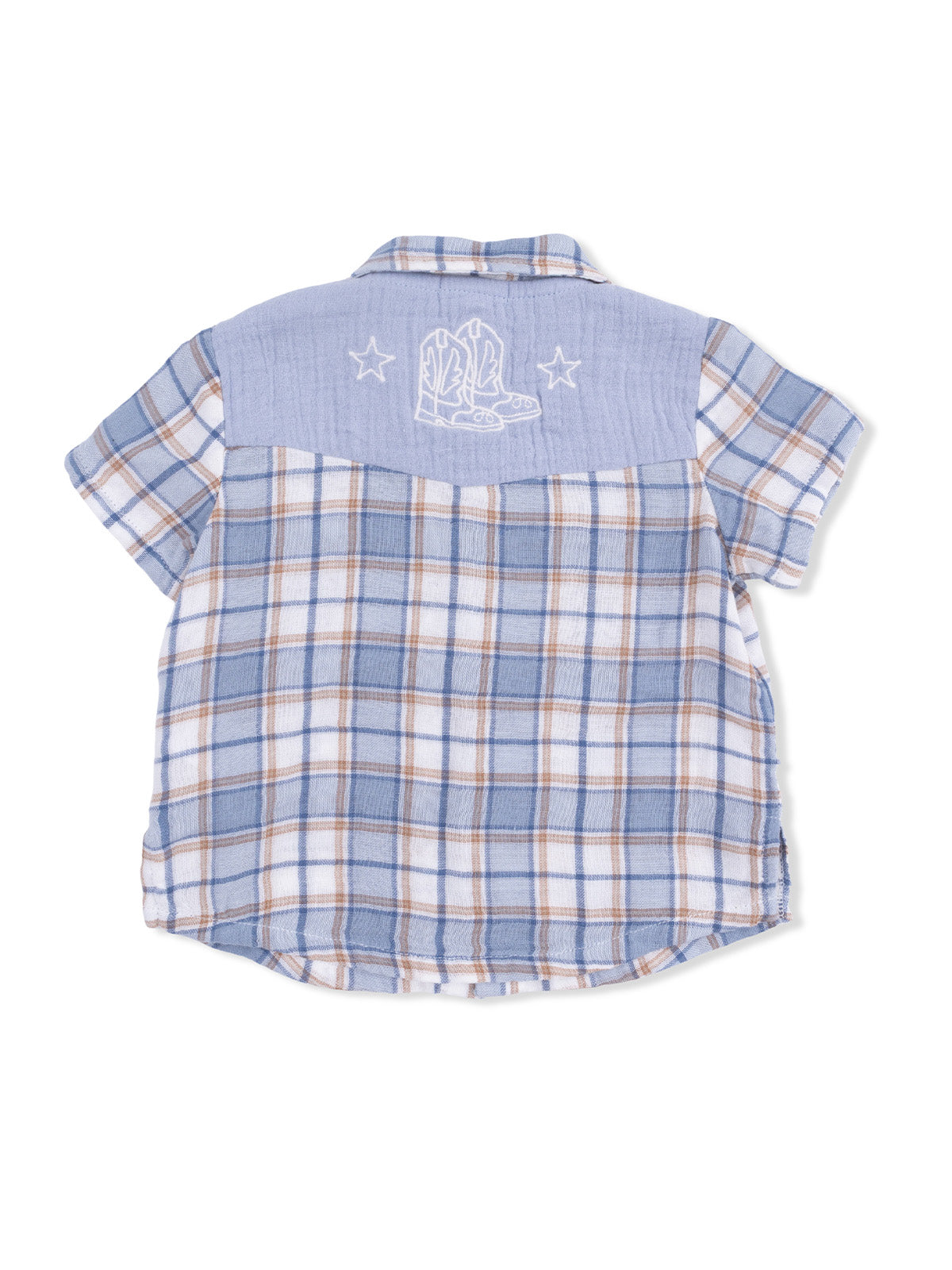 Blue and white plaid short-sleeve shirt with embroidered cowboy boots and stars on the back.