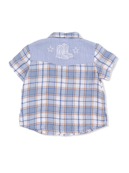 Blue and white plaid short-sleeve shirt with embroidered cowboy boots and stars on the back.