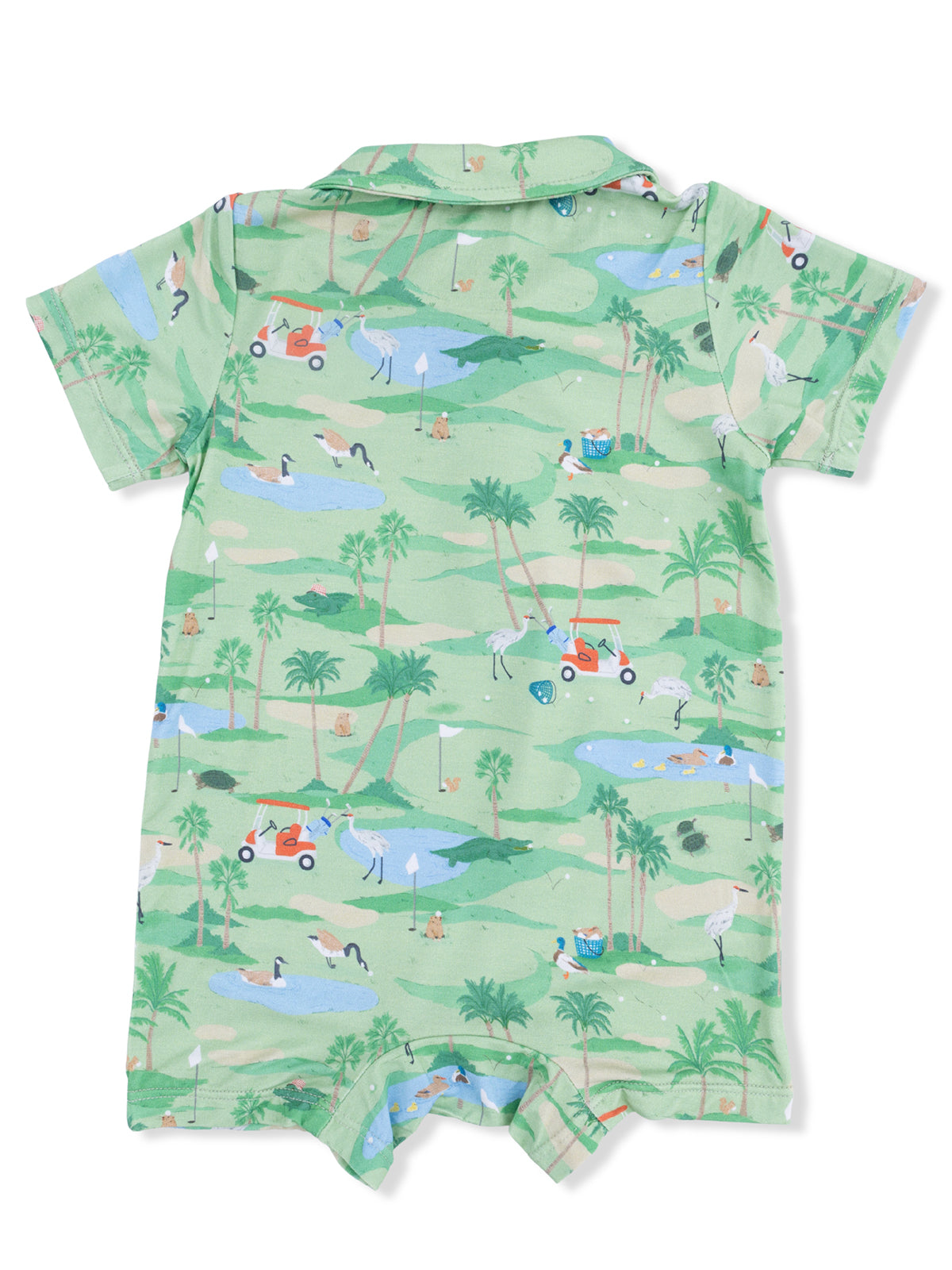 Green short-sleeve romper featuring a playful golf course scene with animals and palm trees.