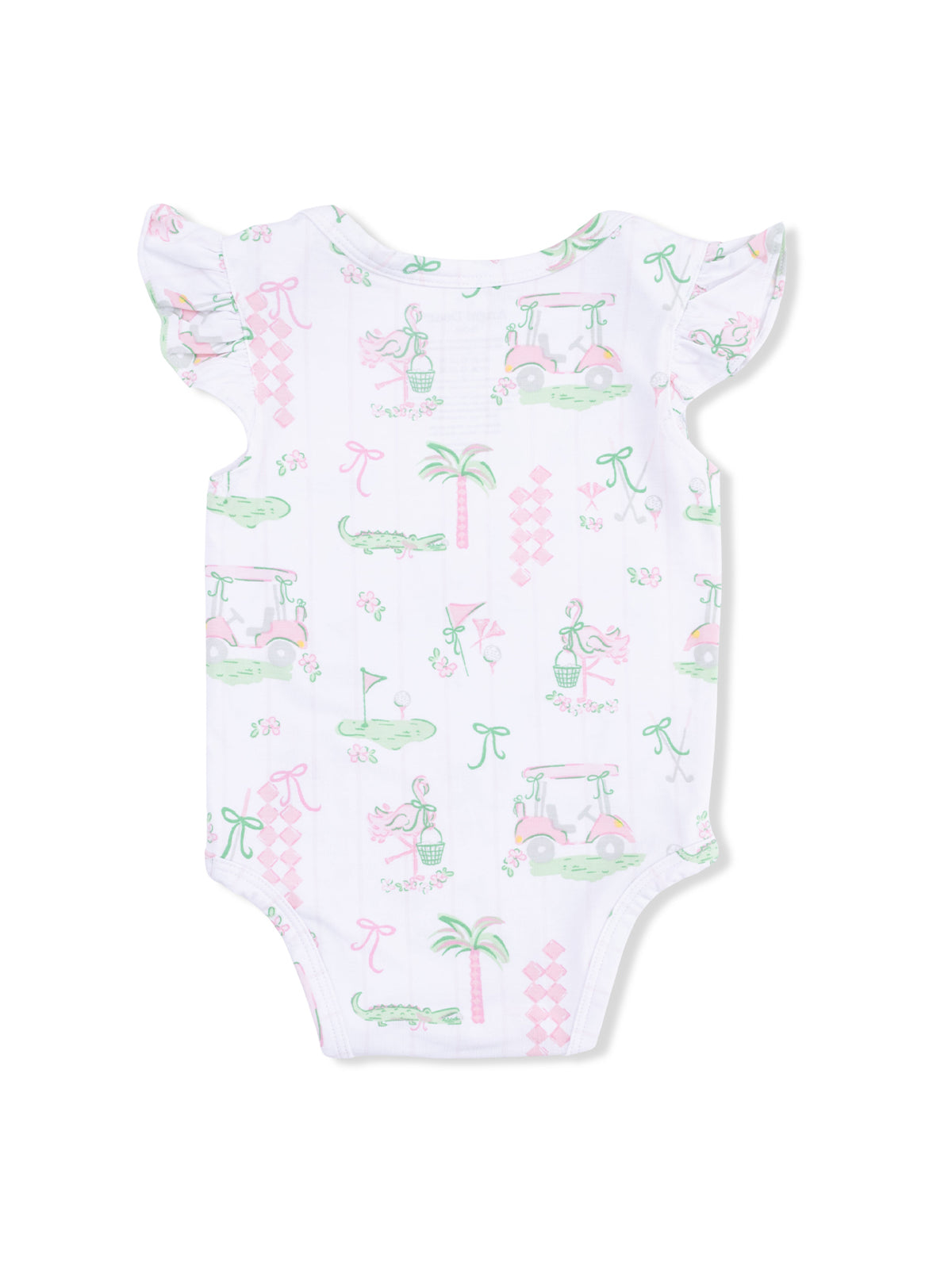 Infant onesie with ruffled sleeves featuring pink and green golf-themed patterns.