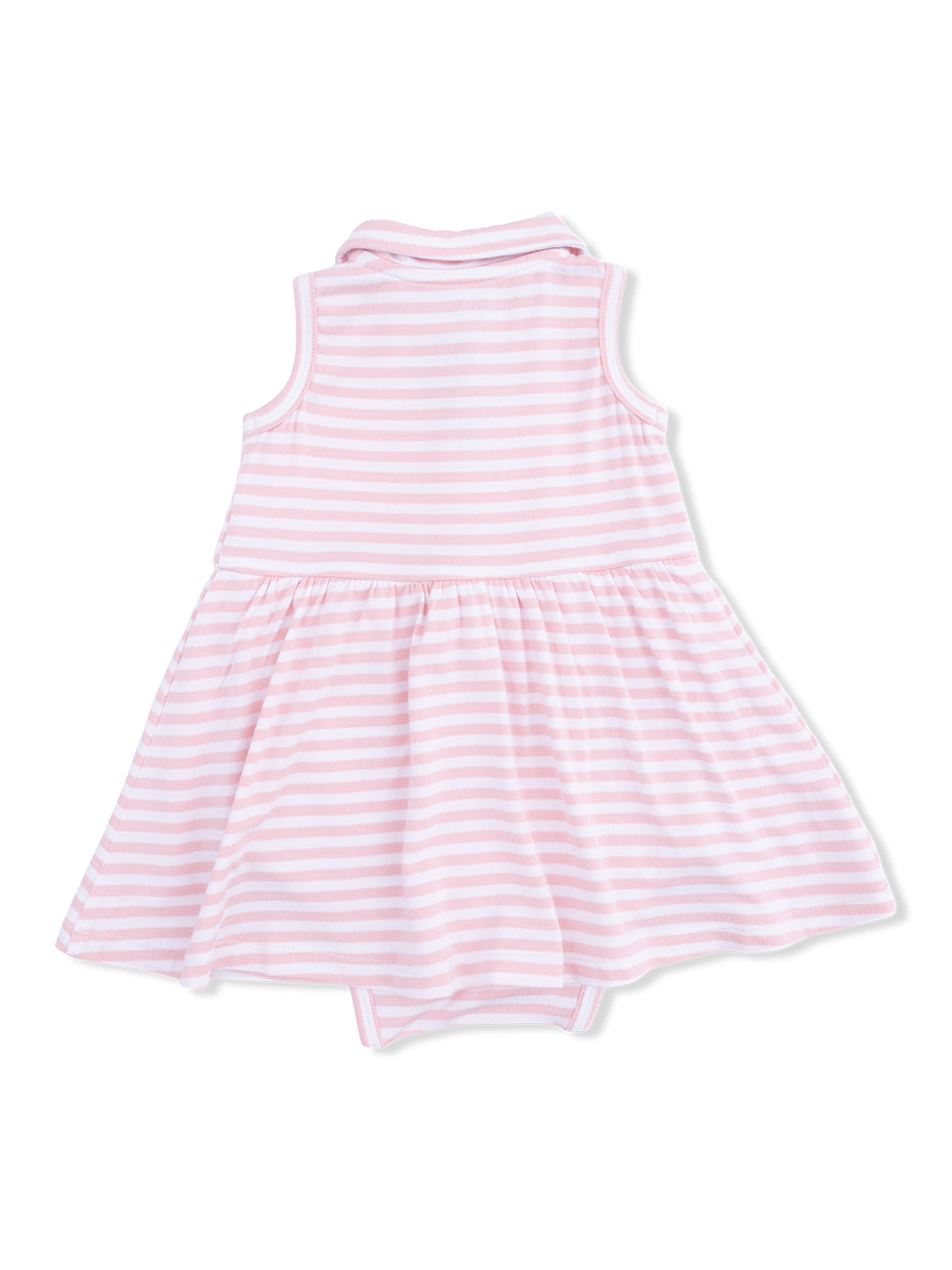 Back view of a pink and white striped sleeveless dress with a collar and flared skirt. Ideal for toddlers.