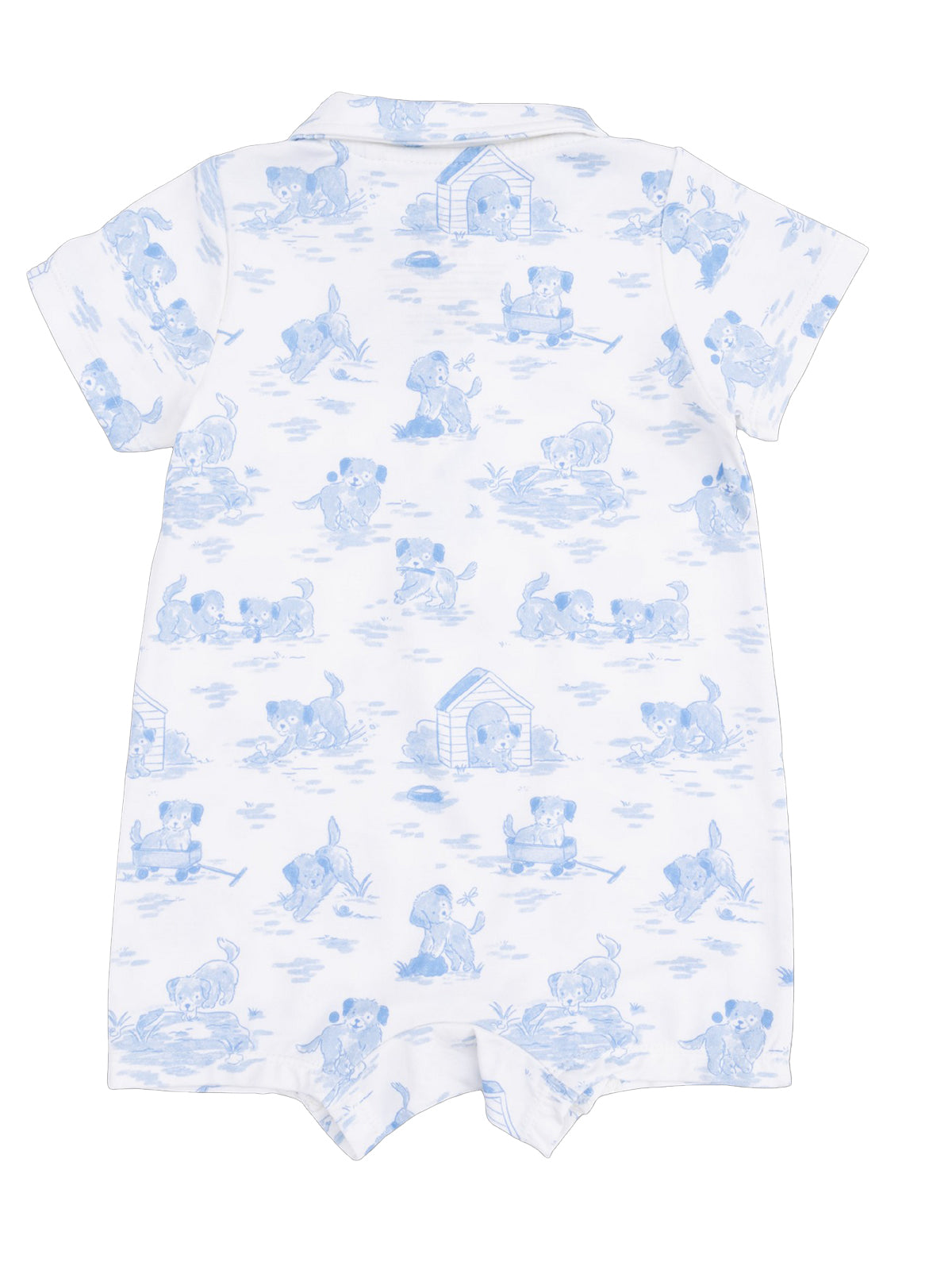 Light blue baby romper featuring playful puppies in various outdoor scenes on a white background.