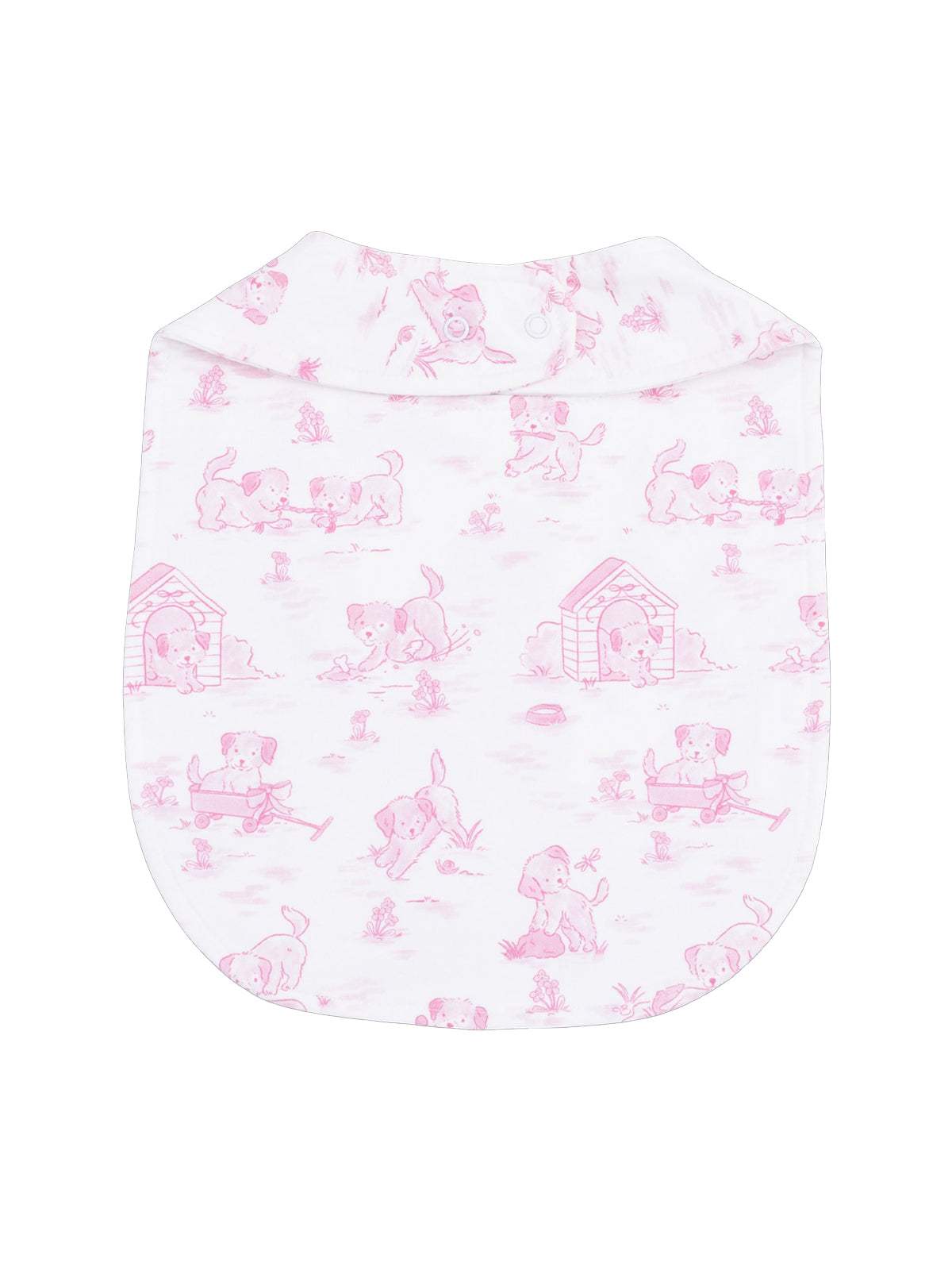 Light pink fabric featuring playful puppies and doghouses in a whimsical pattern. Ideal for pet lovers.