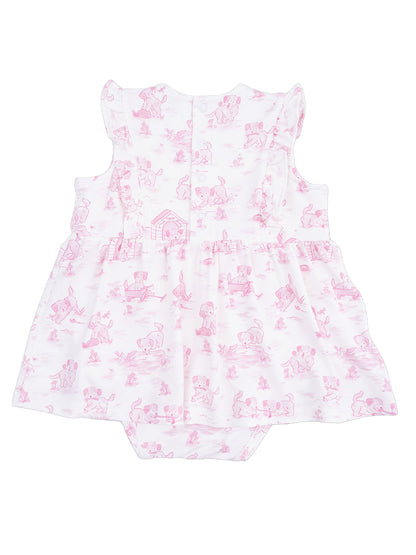 Pink baby dress with dog print and ruffled sleeves, perfect for a cute, playful look.