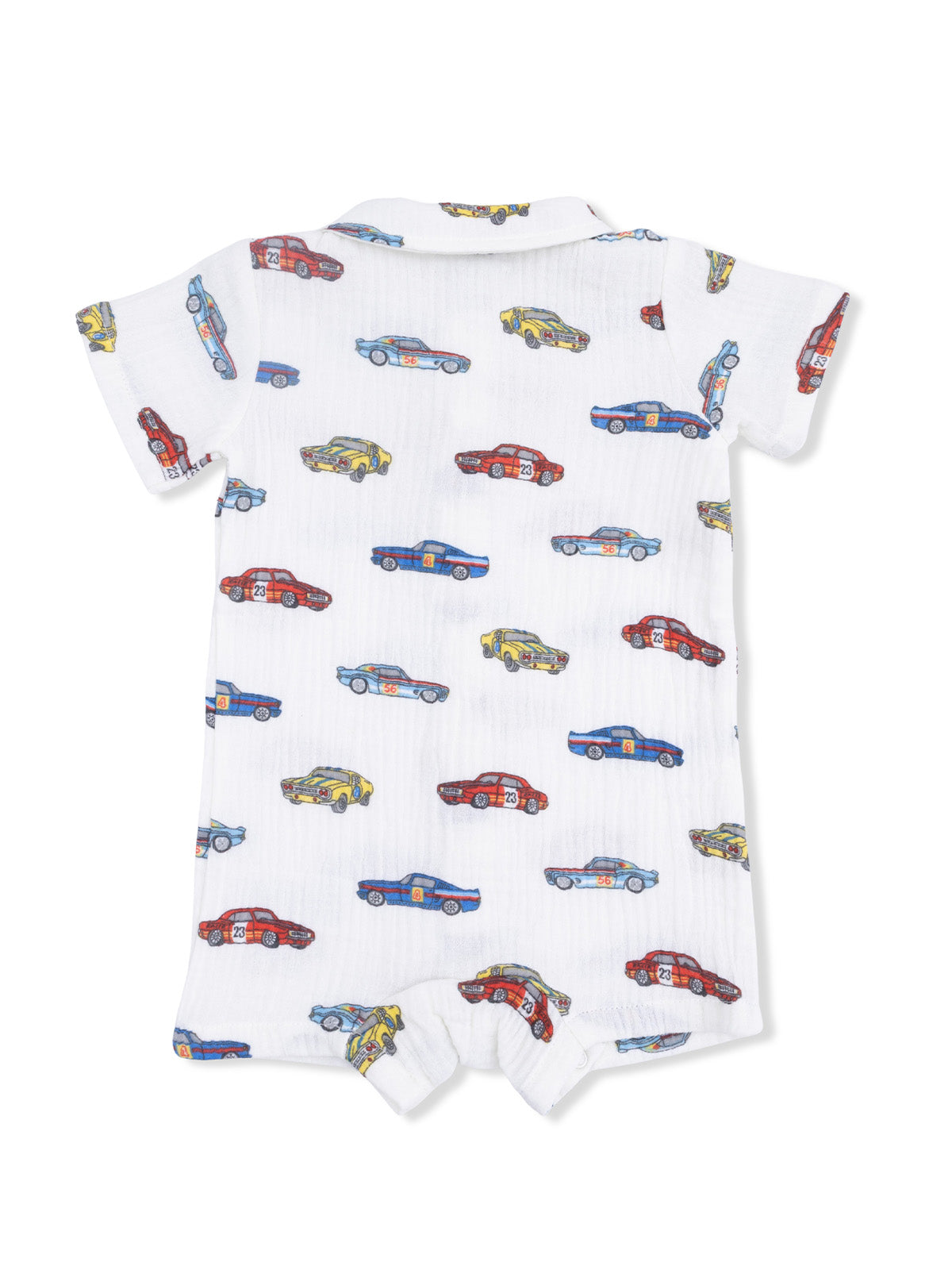 White romper with colorful car prints, featuring short sleeves and a collar, ideal for young children.