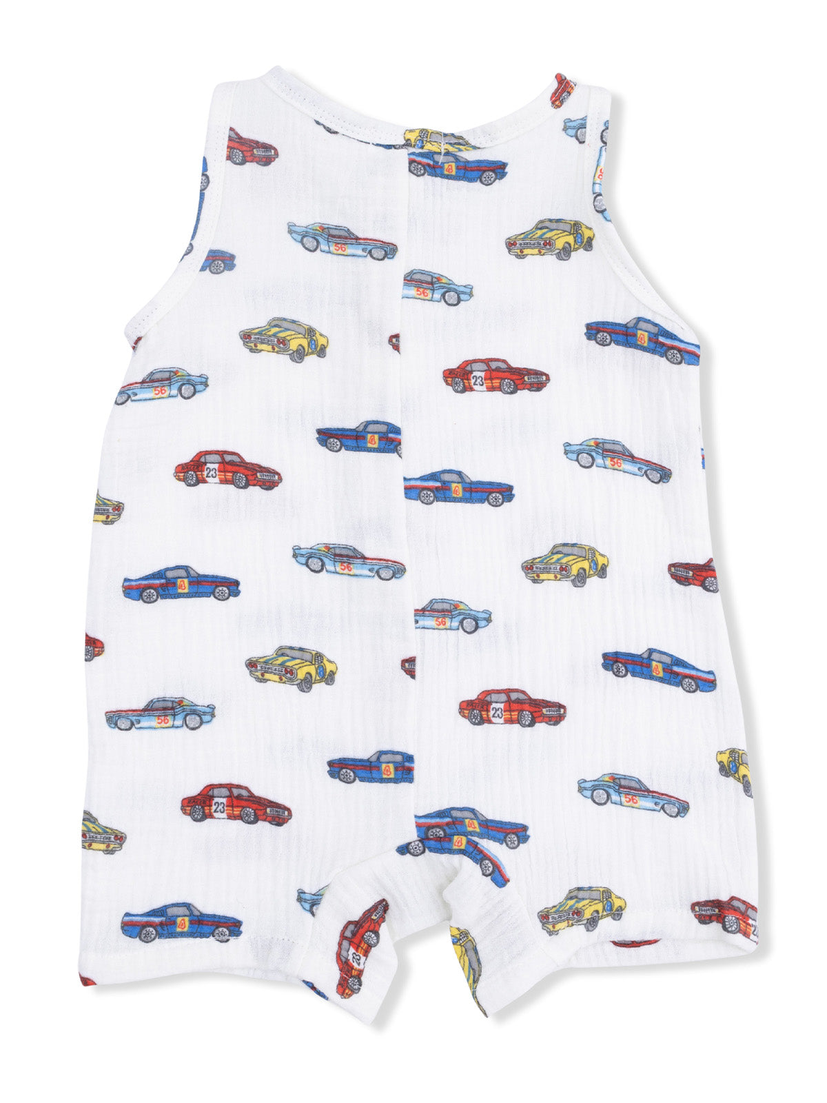 White romper featuring a colorful print of various cartoon race cars. Perfect for young race car enthusiasts.