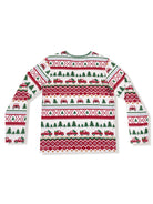 White long-sleeve shirt featuring festive patterns with red trucks and green trees.