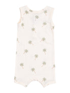 Cream-colored romper with small green palm tree print, ideal for warm weather and casual outings.