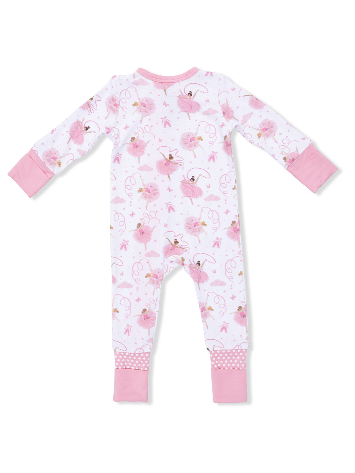 Pink baby pajamas featuring a whimsical ballet dancer pattern on a white background. Cute and cozy design for infants.