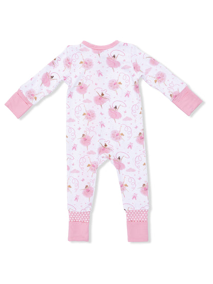 Pink baby pajamas featuring a whimsical ballet dancer pattern on a white background. Cute and cozy design for infants.