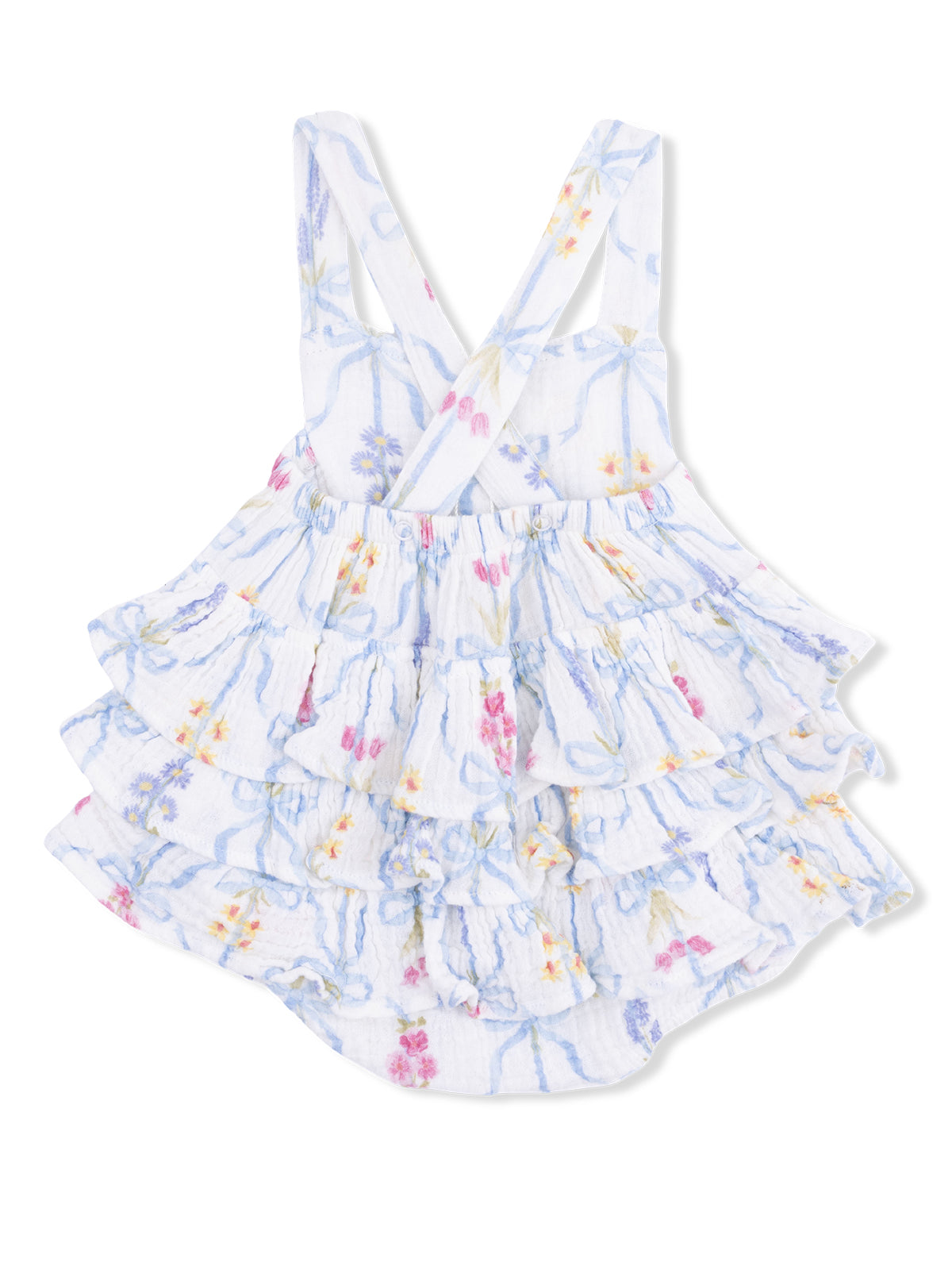 Floral baby dress with ruffles and adjustable straps, featuring a white background with colorful flower patterns.
