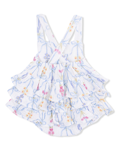 Floral baby dress with ruffles and adjustable straps, featuring a white background with colorful flower patterns.