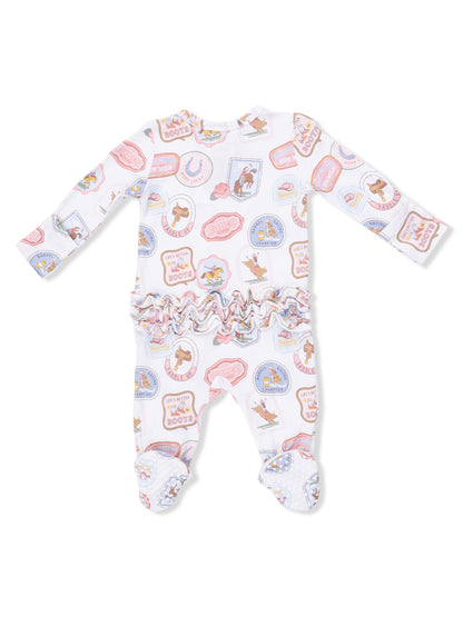 White romper featuring colorful rodeo-themed patterns and ruffled trim around the waist and feet.