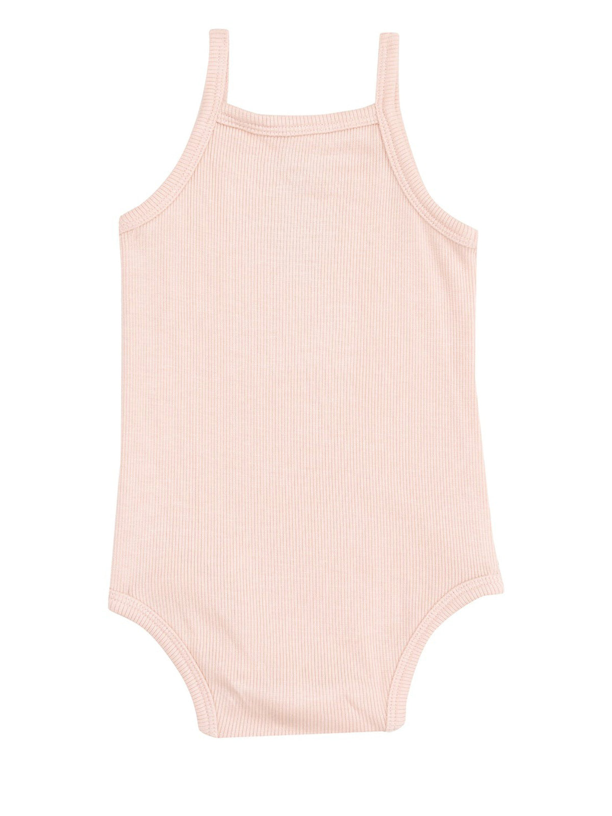 Light pink ribbed tank bodysuit with thin straps and round neckline for infants.
