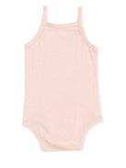 Light pink ribbed tank bodysuit with thin straps and round neckline for infants.