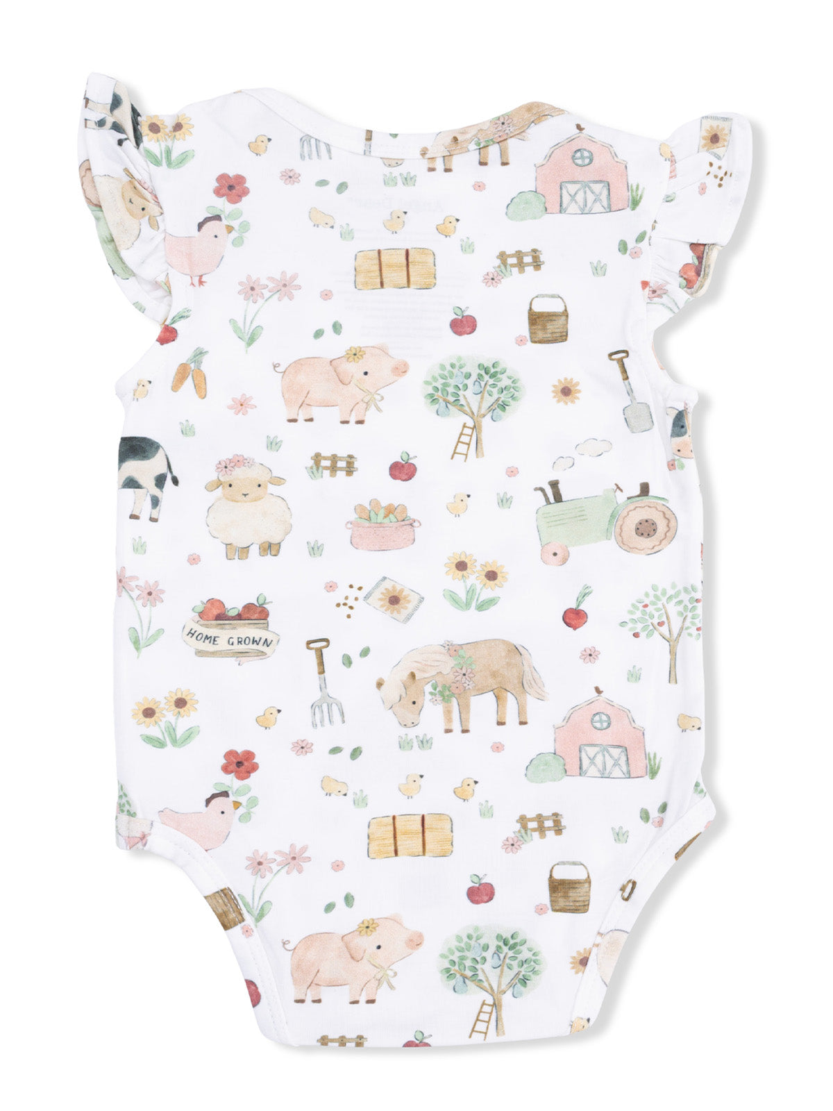Infant bodysuit featuring a playful farm animal print with flowers, trees, and other whimsical illustrations.