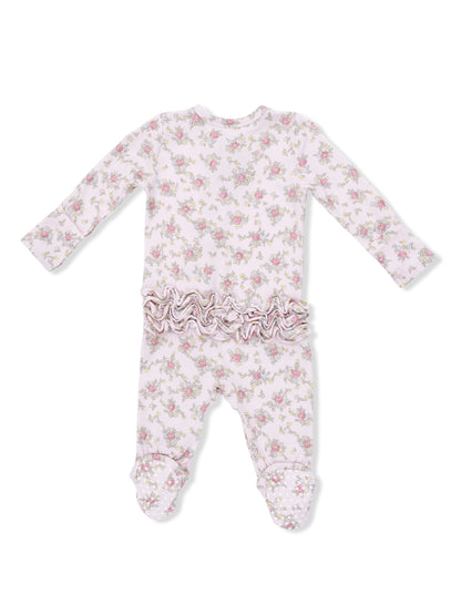 Floral-patterned pink baby onesie with ruffle trim and footed design. Ideal for comfortable wear.