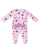 Pink onesie with football and cheerleading motifs, featuring ruffled hem and polka dot feet. Ideal for kids.
