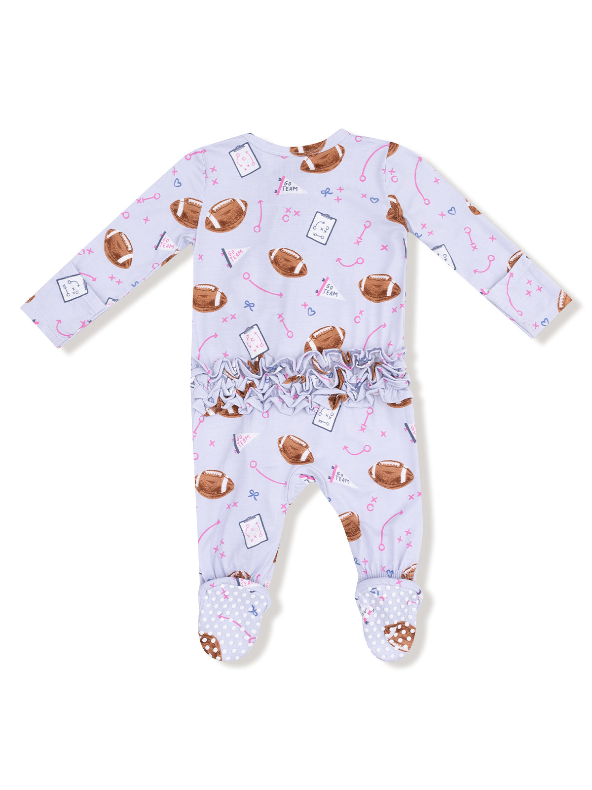 Baby footed romper with football and playful designs, featuring ruffled back and polka dot feet.