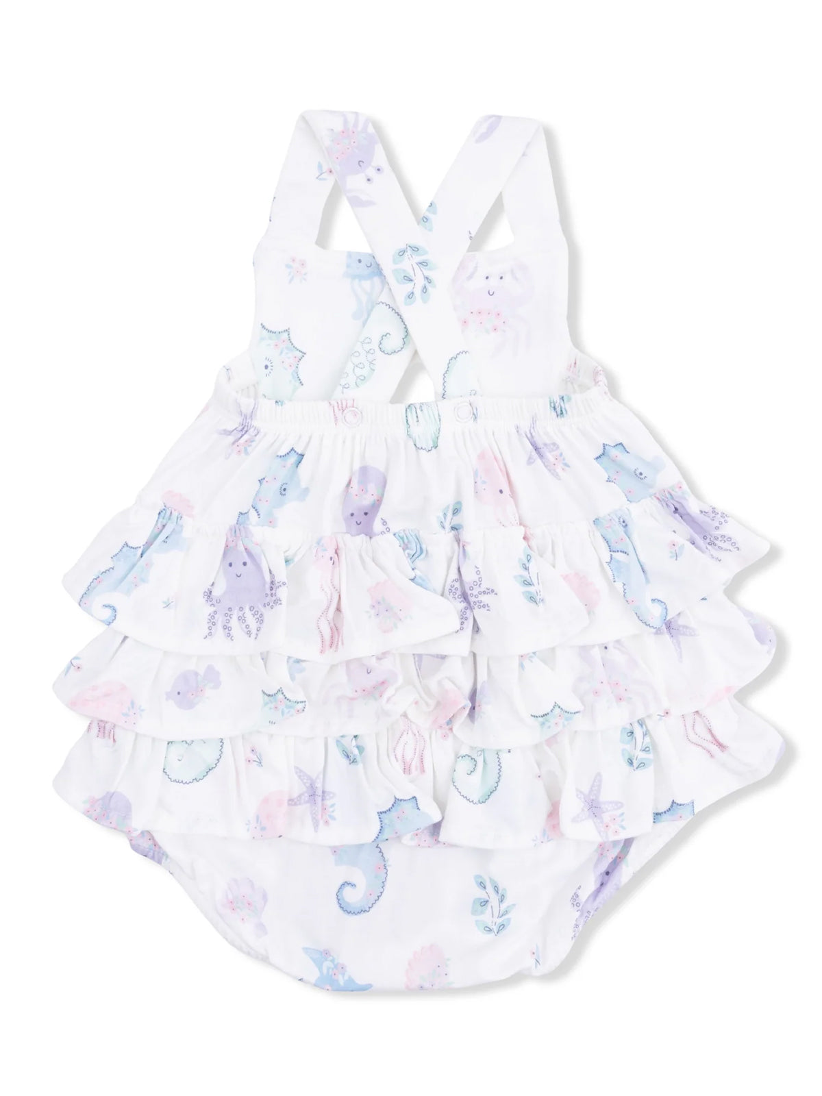White baby dress with ruffled layers and pastel sea creature prints, featuring crisscross straps on the back.