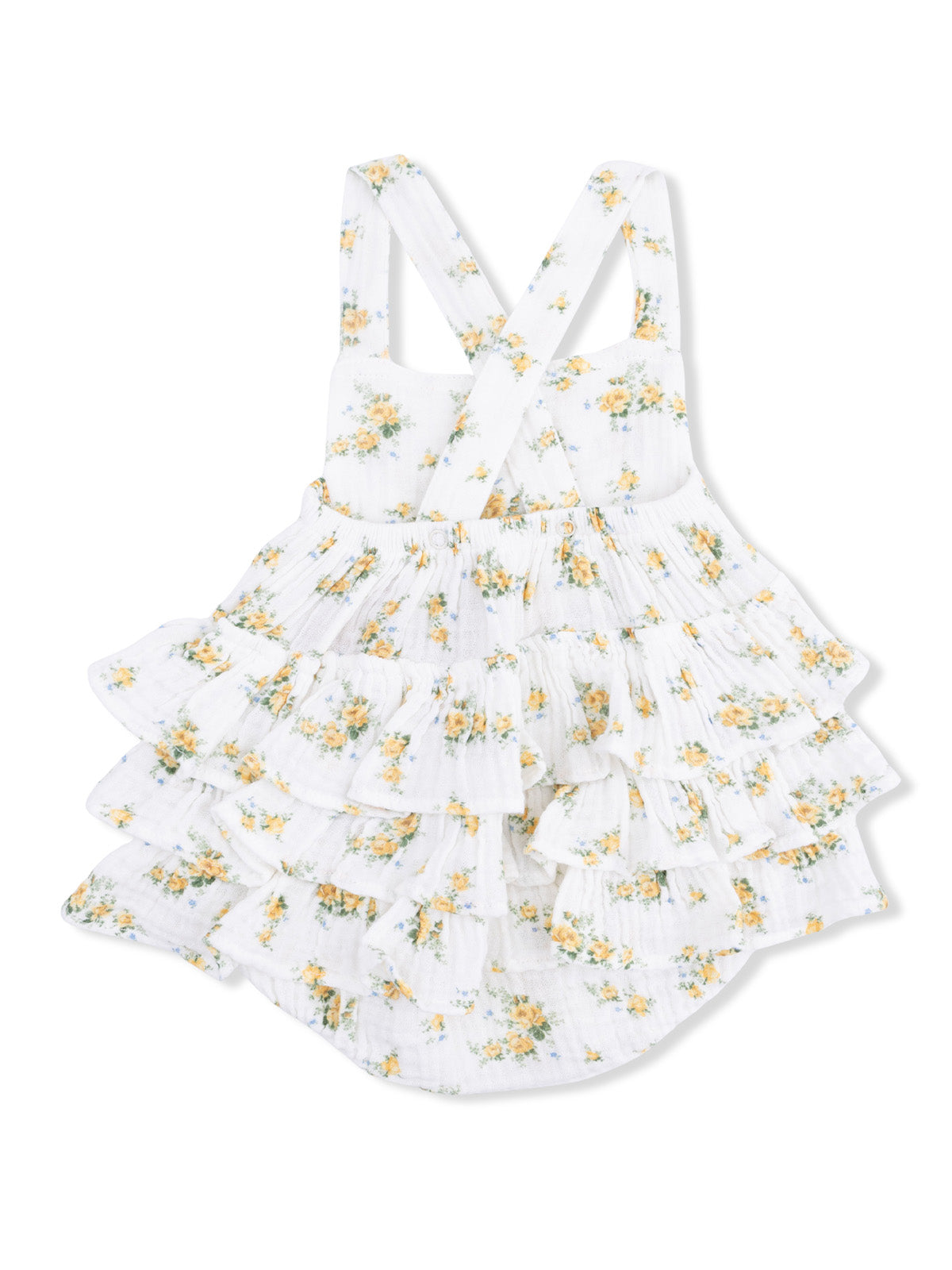 White floral baby dress with ruffled tiers and cross-back straps. Perfect for summer outings.