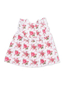 White floral dress with pink roses and ruffled neckline, suitable for children.