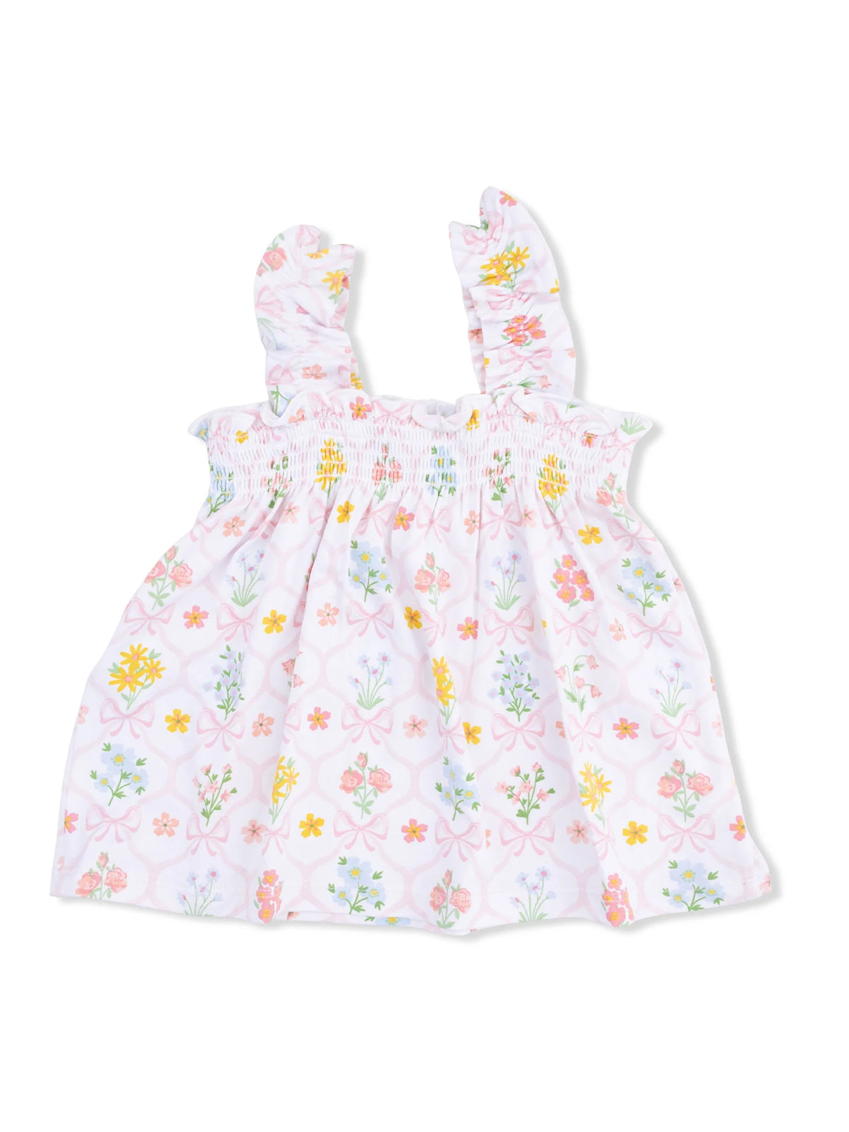 Pink floral dress with ruffled straps and a smocked bodice, perfect for warm weather and casual outings.