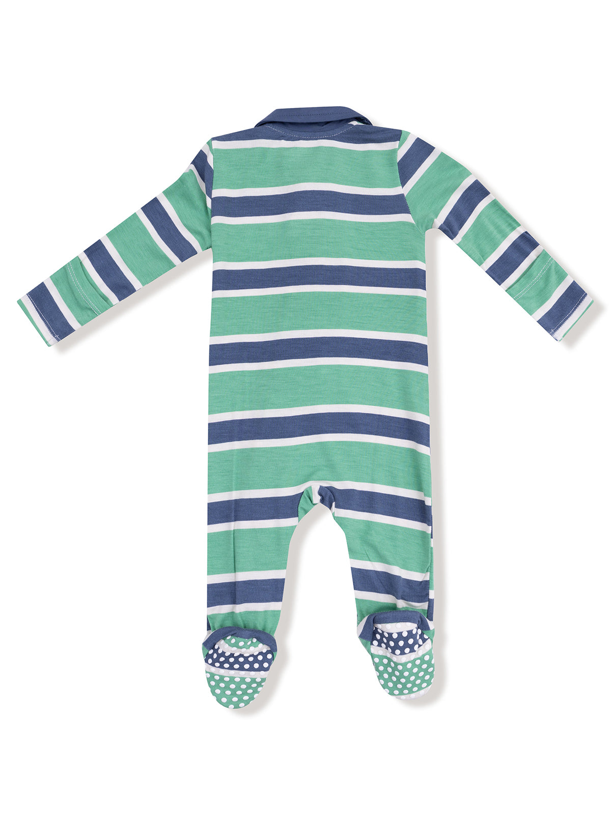 Back view of a green and navy striped infant onesie with polka dot footed design.