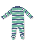 Back view of a green and navy striped infant onesie with polka dot footed design.