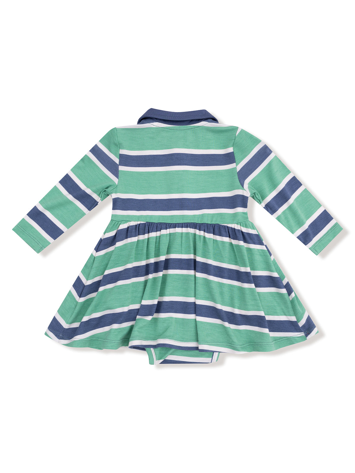 Back view of a green striped dress with long sleeves and a flared skirt, featuring a collar.