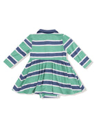 Back view of a green striped dress with long sleeves and a flared skirt, featuring a collar.