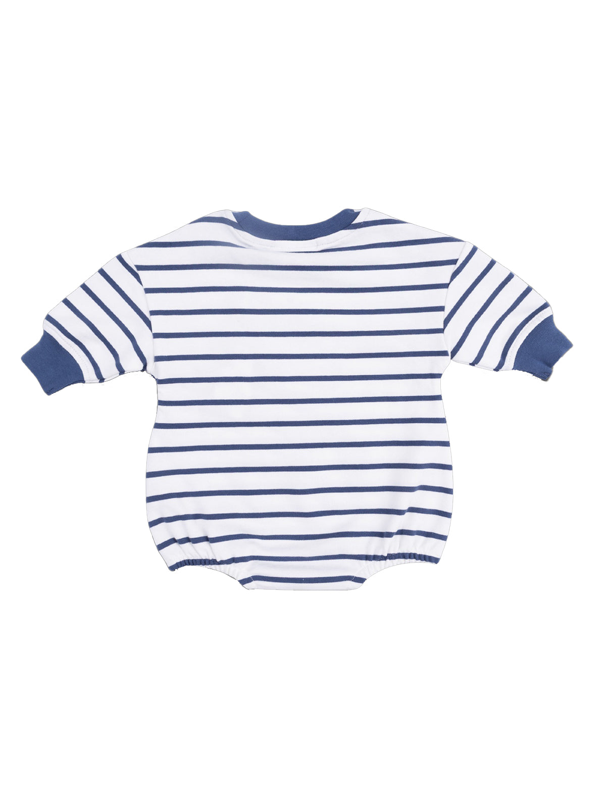Striped baby onesie in blue and white, featuring long sleeves and a round neckline, viewed from the back.