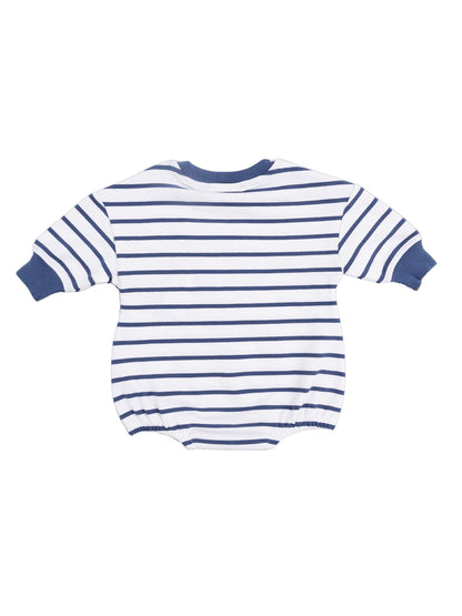 Striped baby onesie in blue and white, featuring long sleeves and a round neckline, viewed from the back.
