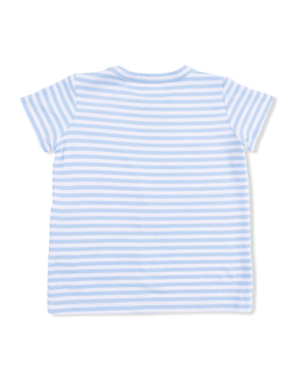Back view of a short-sleeve, light blue striped t-shirt for children.